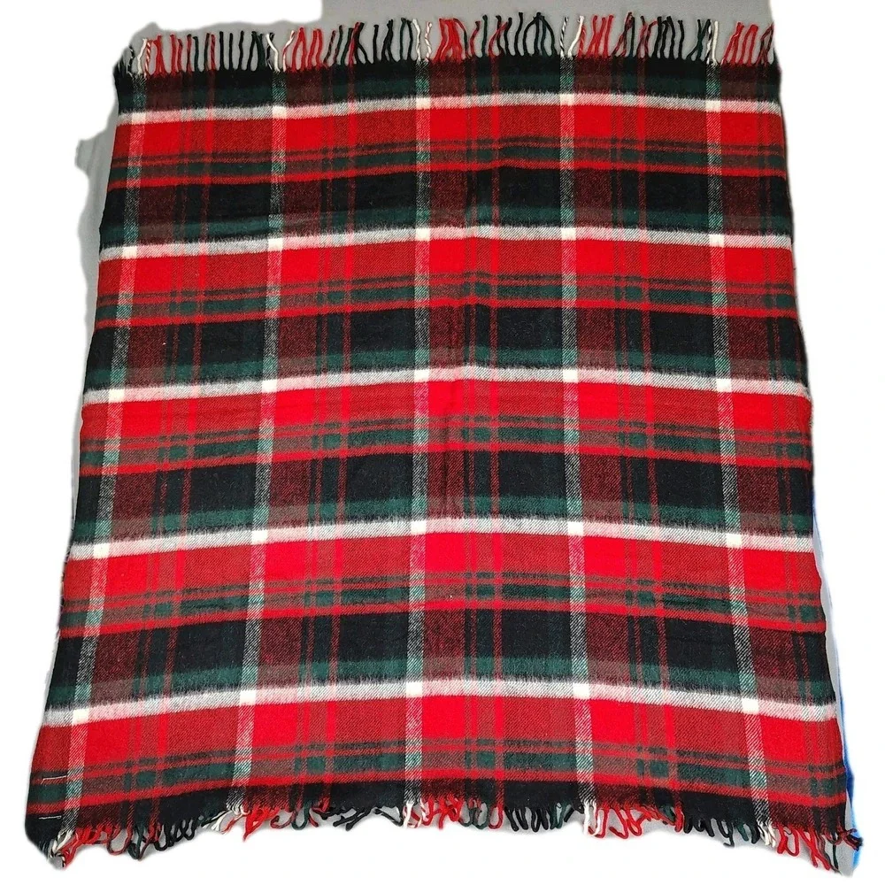 Vintage 60s TROY MILLS Wool Blanket Tartan Plaid Holiday Throw Lap Fringe Cozy‎